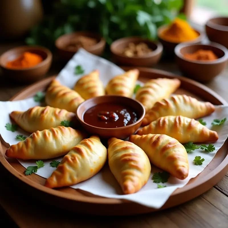 Samosas doradas y crujientes al horno con relleno de patata y guisantes, servidas en bandeja de madera con chutney de tamarindo en bol pequeño, receta india vegana sin freír.