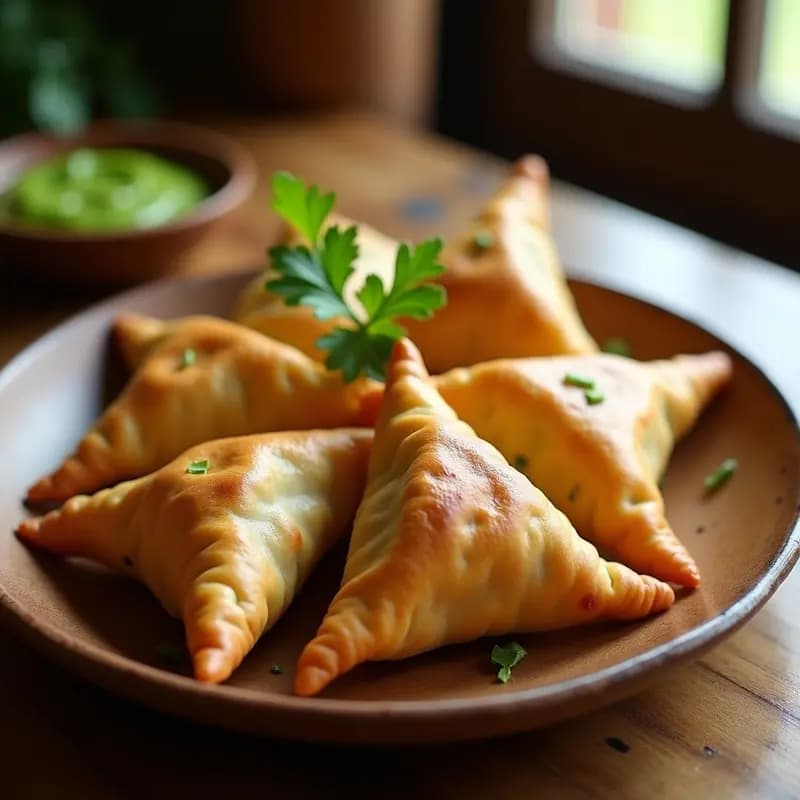 Samosas doradas y crujientes de patata y guisantes en olla de aire, dispuestas en un plato de barro con chutney de menta verde al lado, receta india vegana.
