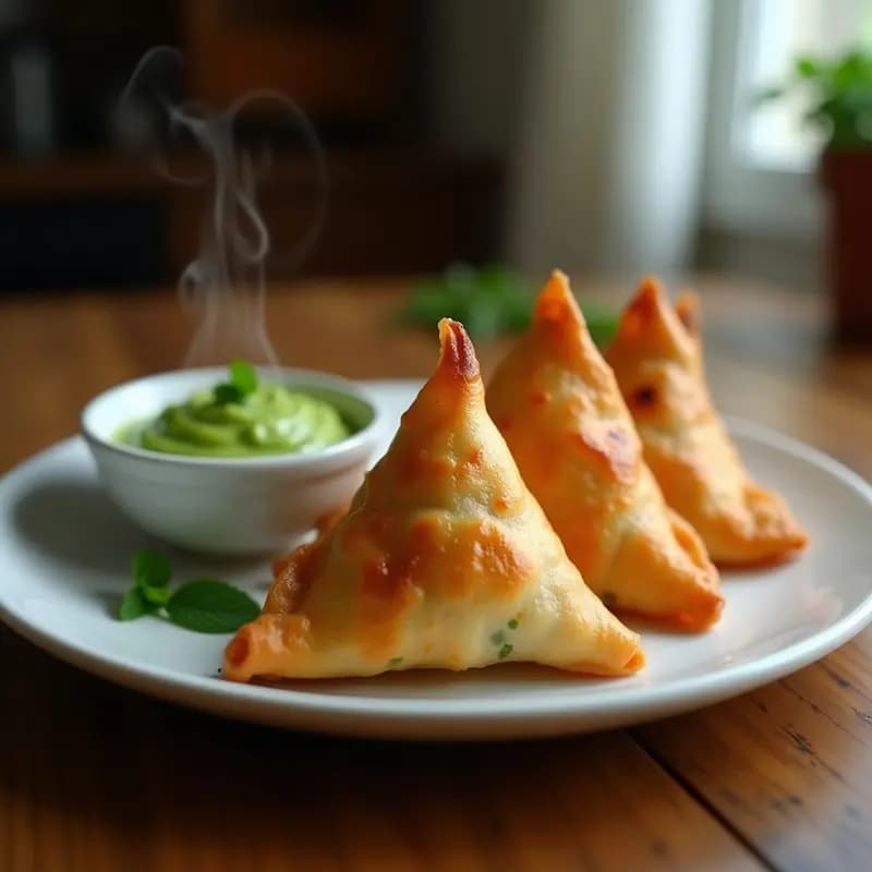 Samosas doradas y crujientes de pollo y guisantes en airfryer, servidas en plato de cerámica blanca con chutney de menta verde en cuenco pequeño, decoradas con hojas de menta fresca y rodajas de limón.