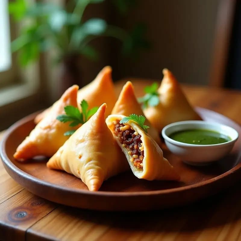 Samosas doradas y crujientes de pollo y pasas en airfryer, dispuestas en una fuente de madera con hojas de cilantro fresco y un bol de chutney de menta al lado, receta de aperitivo indio picante y dulce.