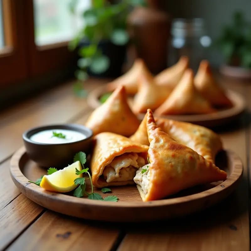 Samosas doradas y crujientes rellenas de pollo tikka y yogur, con especias visibles y un toque ahumado, servidas en una bandeja de madera con chutney de menta al lado.