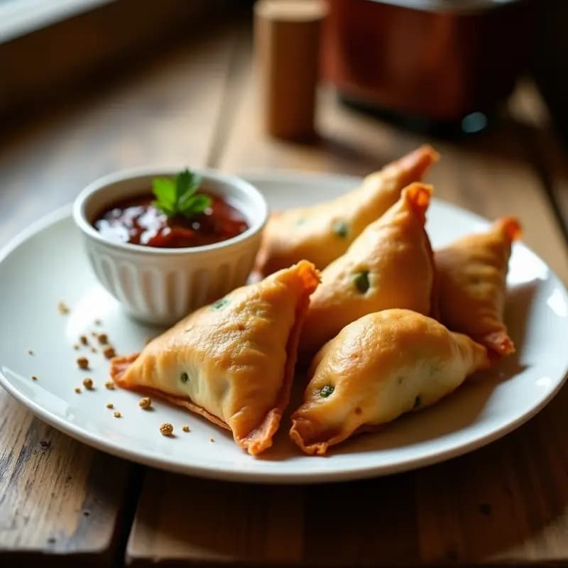 Samosas doradas y crujientes de bonne de patata y guisantes dispuestas en un plato de cerámica blanca, acompañadas de un bol pequeño con chutney de tamarindo oscuro. Decoradas con hojas de cilantro fresco y espolvoreadas con comino en polvo, sobre un fondo rústico de madera.