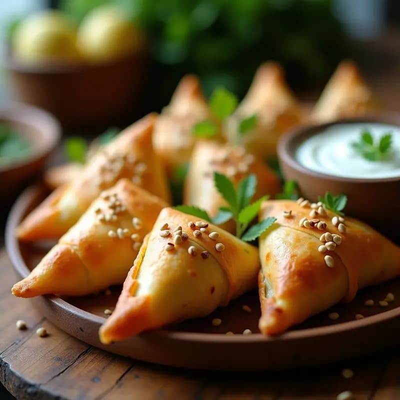 Samosas doradas y crujientes de masa filo rellenas de calabacín asado y queso feta, servidas en bandeja de madera con semillas de sésamo y acompañadas de chutney verde.