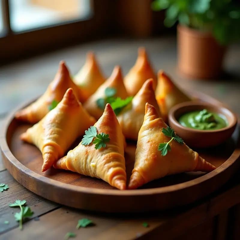 Samosas doradas y crujientes de calabaza y anacardos dispuestas en una fuente de madera rústica, con hojas de cilantro fresco y un bol pequeño de chutney de menta al lado. Plato típico indio preparado en airfryer sin fritura.