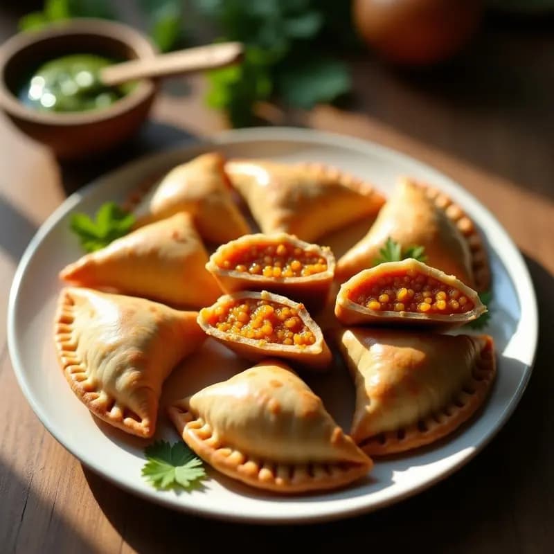 Samosas doradas y crujientes rellenas de calabaza y pasas, servidas en bandeja de madera con semillas de sésamo y chutney de menta al lado. Receta india rápida de samosas de calabaza y pasas.