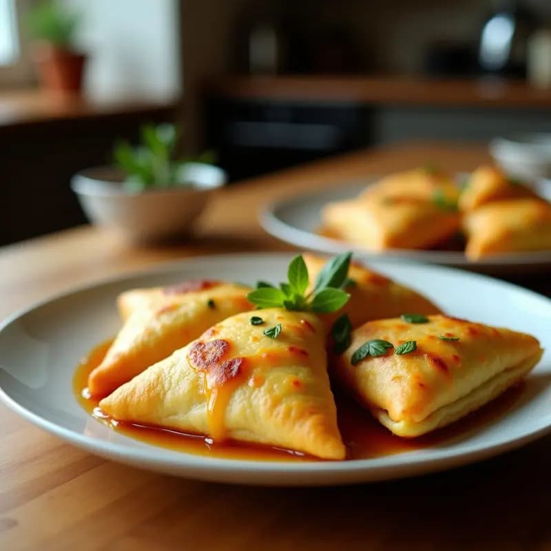 Samosas doradas y crujientes en forma de triángulo sobre un plato de madera, rellenas de calabaza asada y queso feta, con semillas de sésamo negro y cilantro fresco. Entrante indio con toque griego hecho en airfryer.