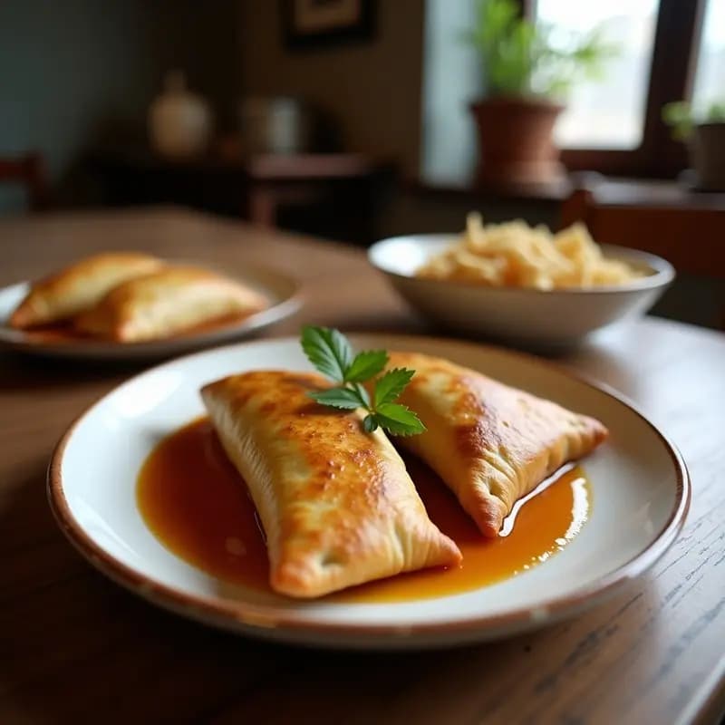 Samosas de Camerún doradas y crujientes rellenas de plátano maduro y cacahuete, servidas en un plato de madera rústico con salsa de yogur y cilantro fresco, receta africana frita en airfryer.