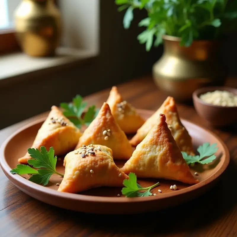 Samosas veganas de col rizada y batata crudiveganas dispuestas en plato de madera, con textura dorada y crujiente, rellenas de puré cremoso de batata fermentada, decoradas con semillas de sésamo y acompañadas de chutney verde.