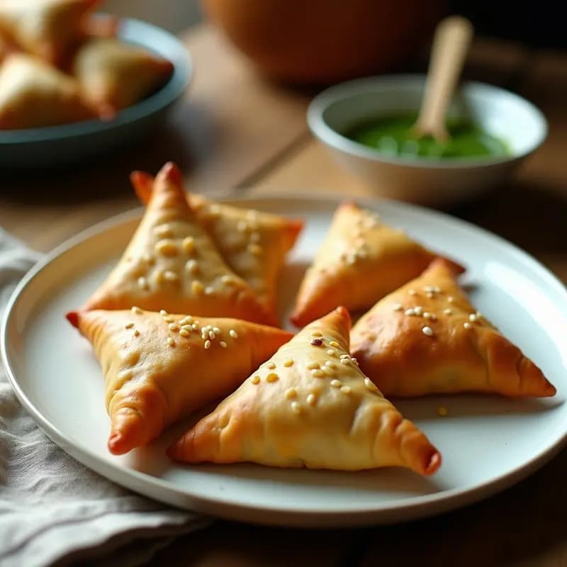 Samosas doradas y crujientes de col rizada y queso paneer servidas en un plato blanco con chutney de menta al lado, receta indopaquista en airfryer sin harina.