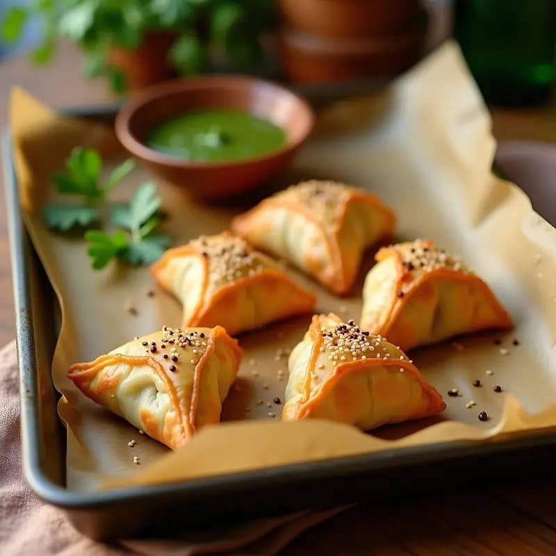 Bandeja de horno con samosas doradas y crujientes de coliflor y garbanzos, espolvoreadas con semillas de sésamo, servidas sobre papel de horno con chutney verde al lado. Receta india baja en calorías.