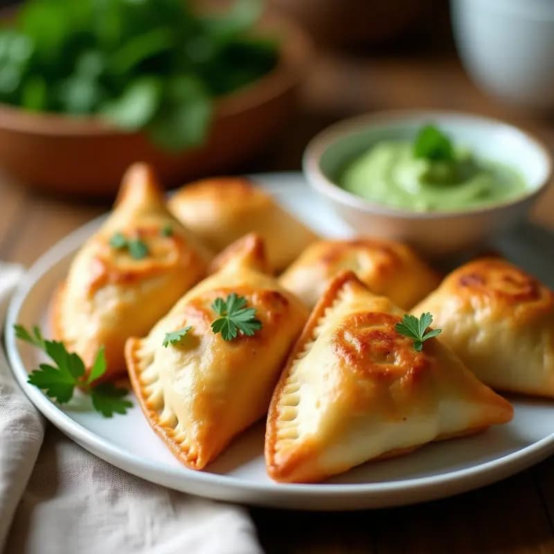 Samosas doradas y crujientes de coliflor y guisantes low carb en airfryer, con masa de almendra y coco, servidas en plato de madera con chutney verde al lado.