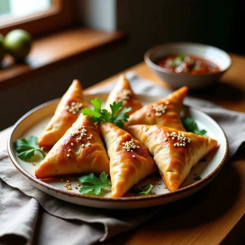 Samosas doradas y crujientes de espárragos y queso feta servidas en plato de cerámica blanca con chutney de higos oscuro en un bol pequeño, decoradas con semillas de sésamo y cilantro fresco.