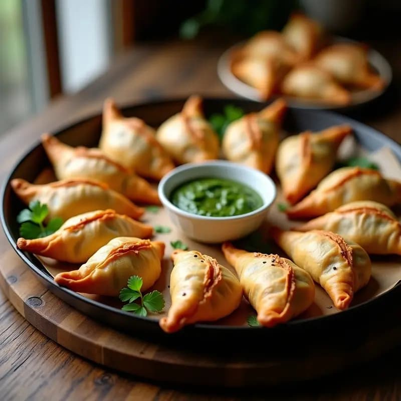 Bandeja de samosas de espinaca y patata al horno doradas y crujientes, con textura escamosa y relleno verde visible en los bordes sellados. Acompañadas de chutney de menta en un bol pequeño, sobre fondo rústico de madera.