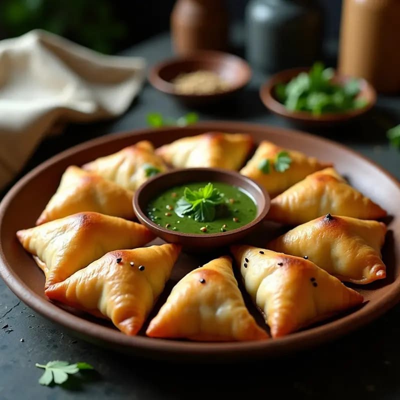 Samosas de espinacas y queso paneer horneadas, doradas y crujientes, dispuestas en una bandeja de madera con chutney de menta al lado. Receta india sin fritura.