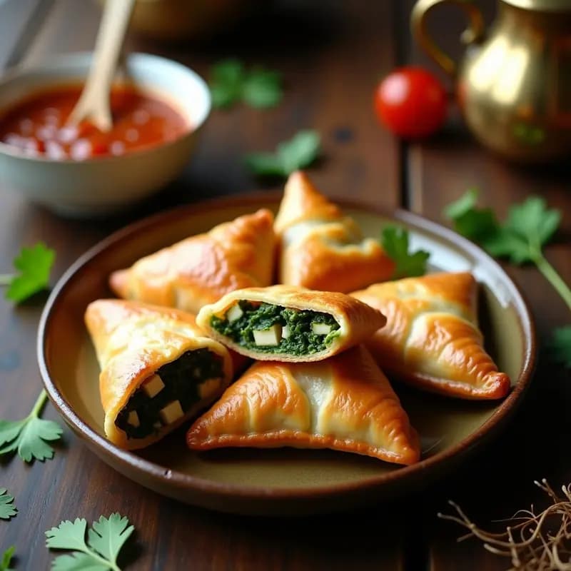 Samosas doradas y crujientes al horno rellenas de espinacas y queso paneer, servidas en un plato de cerámica con chutney de tamarindo en un bol pequeño y hojas de cilantro fresco como decoración.