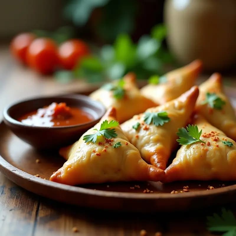Samosas doradas y crujientes al horno rellenas de espinacas y queso paneer, servidas en bandeja de madera con chutney de tamarindo y hojas de cilantro fresco.