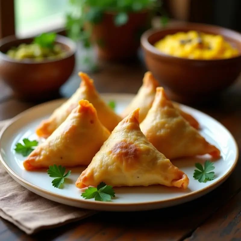 Plato blanco con samosas crudiveganas de garbanzo y anacardos, forma de media luna dorada, textura crujiente, acompañadas de chutney de mango en cuenco pequeño de cerámica. Decoración con hojas de cilantro y semillas de sésamo.