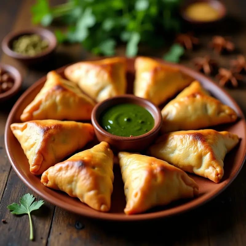 Samosas doradas y crujientes de garbanzo y espinacas con masa de coliflor, servidas en un plato de barro con chutney verde. Receta india low-carb y crudivegana.
