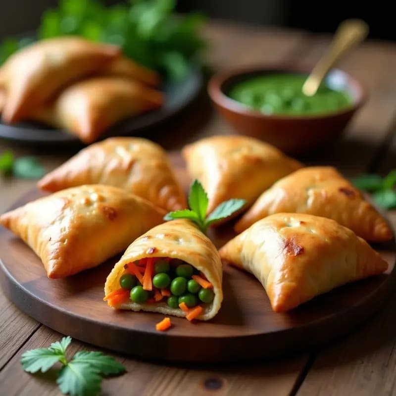 Samosas doradas y crujientes de guisantes y zanahoria sin gluten, dispuestas en bandeja de madera con hojas de cilantro fresco y un cuenco de chutney de menta al lado. Entrante indio saludable y bajo en calorías.