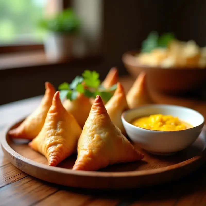 Samossas doradas y crujientes de pollo y cúrcuma servidas en un plato de cerámica blanca, acompañadas de un bol pequeño con chutney de mango brillante. El plato está decorado con hojas de cilantro fresco y semillas de sésamo espolvoreadas sobre las samossas. Fondo borroso con tonos cálidos que resaltan el aperitivo indio crujiente en airfryer.