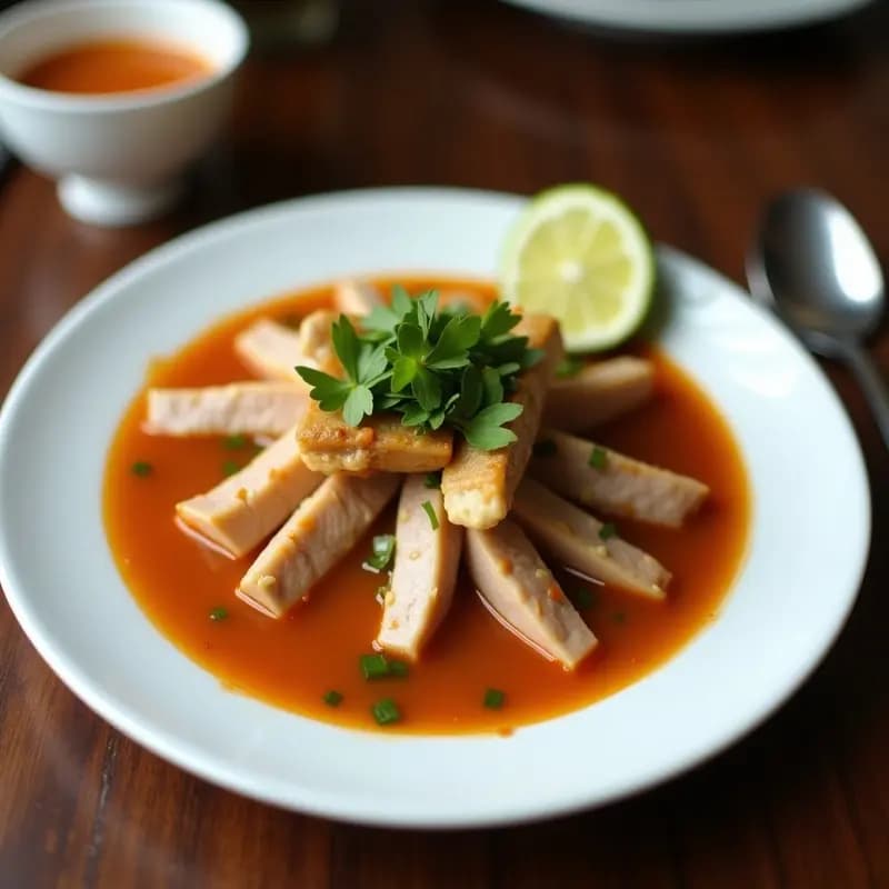 Olla de barro humeante con Sampaloc o Sinigang de Cerdo con Tamarindo, sopa filipina ácida y reconfortante, llena de costillas de cerdo tiernas, trozos de calabaza gabo, espinaca acuática kangkong y berenjena, con un caldo ámbar vibrante y chiles siling labuyo flotando. Servida en un plato hondo de cerámica con arroz blanco al lado.