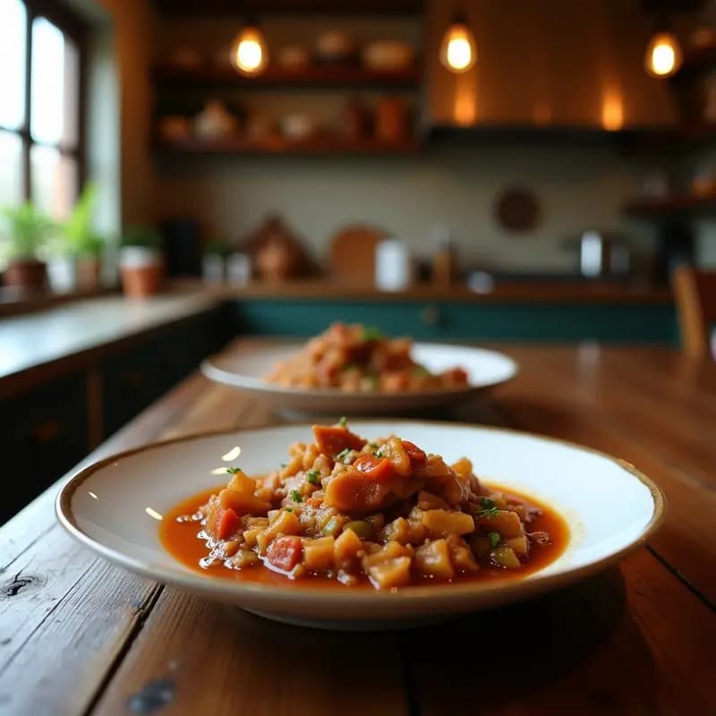 Olla de barro humeante con sampalok at baboy, estofado filipino de cerdo y tamarindo dulce y ácido, servido en cuenco de madera con arroz blanco y hojas de espinaca fresca.