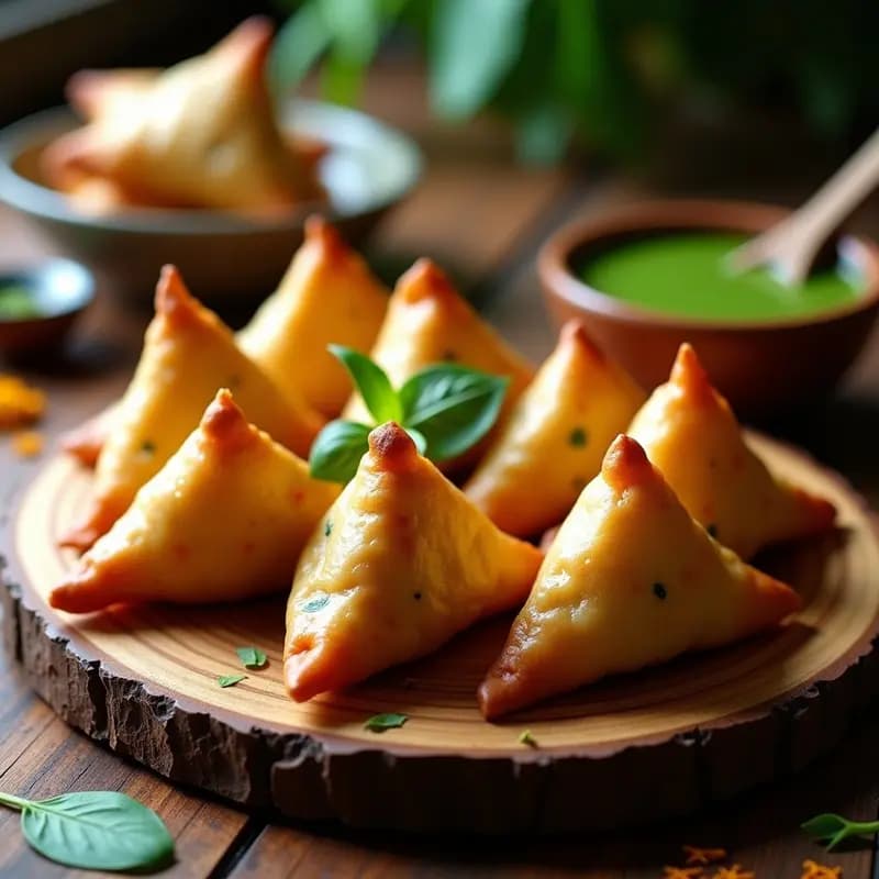 Samusas doradas y crujientes de espinacas y queso paneer vegano al horno, dispuestas en una bandeja de madera con semillas de sésamo negro, acompañadas de chutney de menta en un cuenco pequeño. Receta india vegana y baja en calorías.