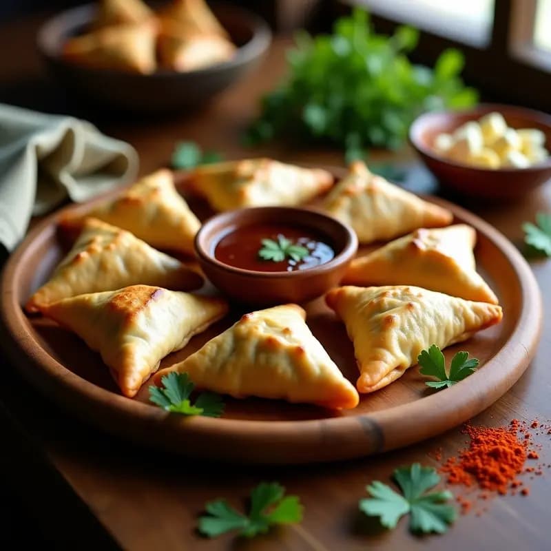 Samusas doradas y crujientes de espinacas y queso paneer servidas en una fuente de madera con salsa de tamarindo en un bol pequeño, decoradas con cilantro fresco, receta india para fiestas.