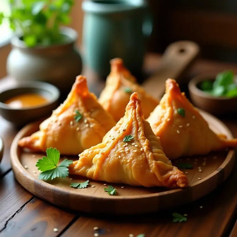 Samussas doradas y crujientes de pollo y curry con masa de hojaldre, dispuestas en una bandeja de madera con semillas de sésamo, acompañadas de chutney verde. Aperitivo indio rápido y elegante.