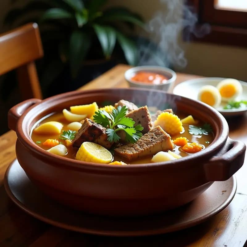 Olla grande humeante llena de sancochado colombiano con trozos de yuca, mazorca, papa, plátano verde, ternera, cerdo y pollo. Caldo dorado y espeso con cilantro fresco espolvoreado. Acompañado de huevo duro y ají en un plato rústico de barro.