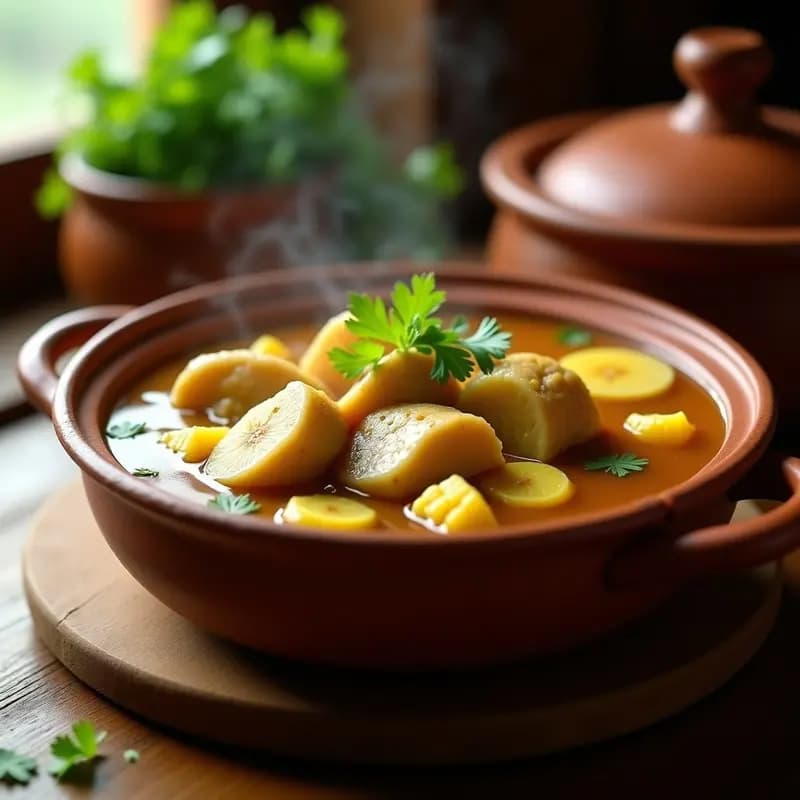 Olla humeante con Sancocho Criollo con Yuca y Pollo, mostrando trozos de pollo dorado, yuca blanca, plátano verde y mazorca de maíz en un caldo amarillo aromático, decorado con cilantro fresco.