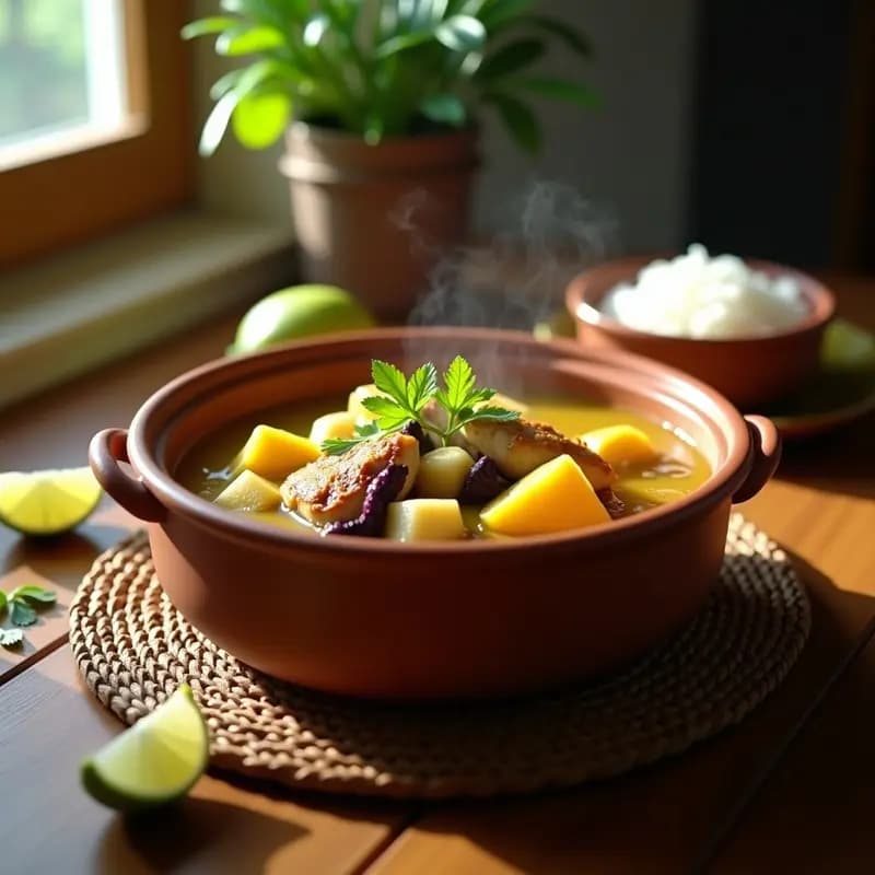 Olla de barro humeante con sancocho dominicano: trozos de pollo dorado, yuca cremosa, plátano verde y ñame en un caldo dorado y aromático, decorado con cilantro fresco.