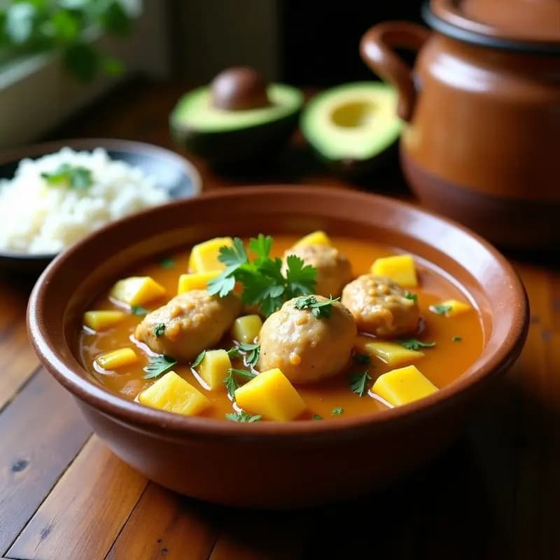 Olla exprés abierta mostrando un sancocho dominicano espeso con trozos de gallina dorada, yuca, maíz y plátano verde, decorado con cilantro fresco y servido en un plato hondo de barro.