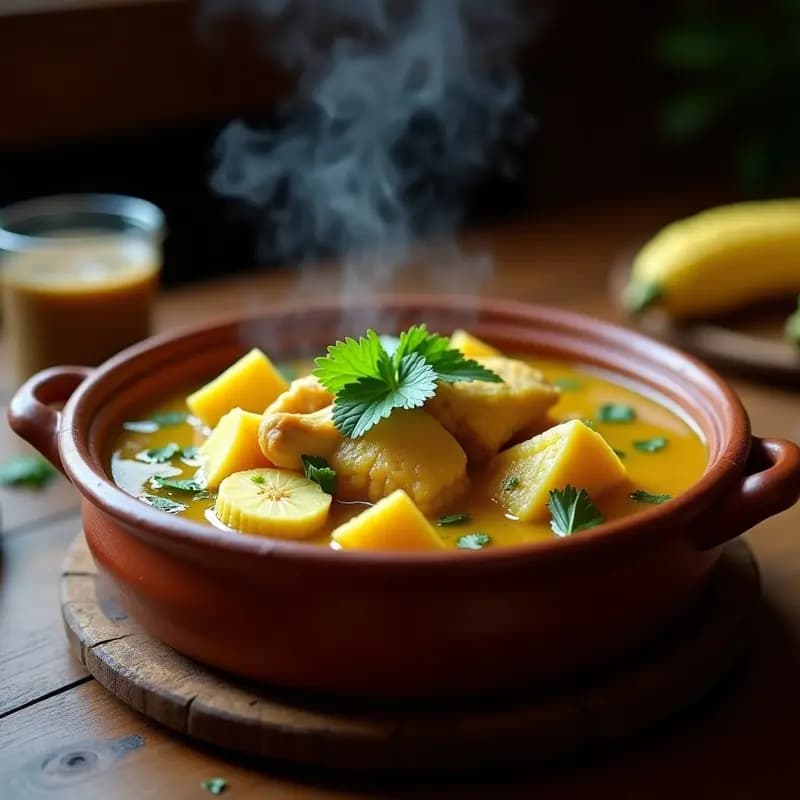 Olla de barro humeante con sancocho de gallina colombiano, trozos de yuca dorada, maíz tierno y plátano verde en un caldo amarillento espeso, decorado con cilantro fresco y hierbabuena sobre una mesa rústica de madera.