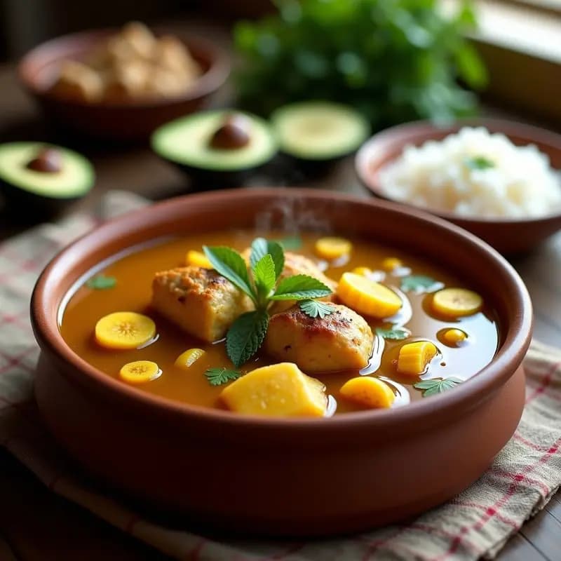 Olla rústica de barro con sancocho colombiano de pollo, trozos de yuca, mazorca y plátano verde, decorado con cilantro fresco y hierbabuena, servido en plato hondo de cerámica.