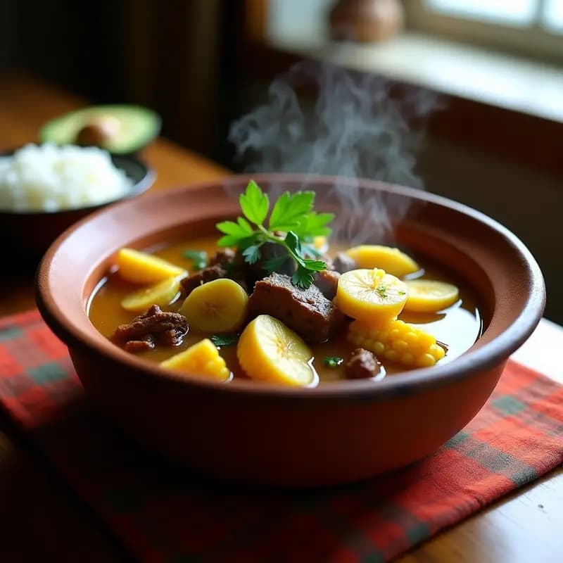 Plato hondo de barro con sancocho dominicano de res, trozos de yuca, rodajas de maíz y plátano verde, bañado en un caldo dorado y espolvoreado con cilantro fresco. Acompañado de arroz blanco y aguacate en trozos.