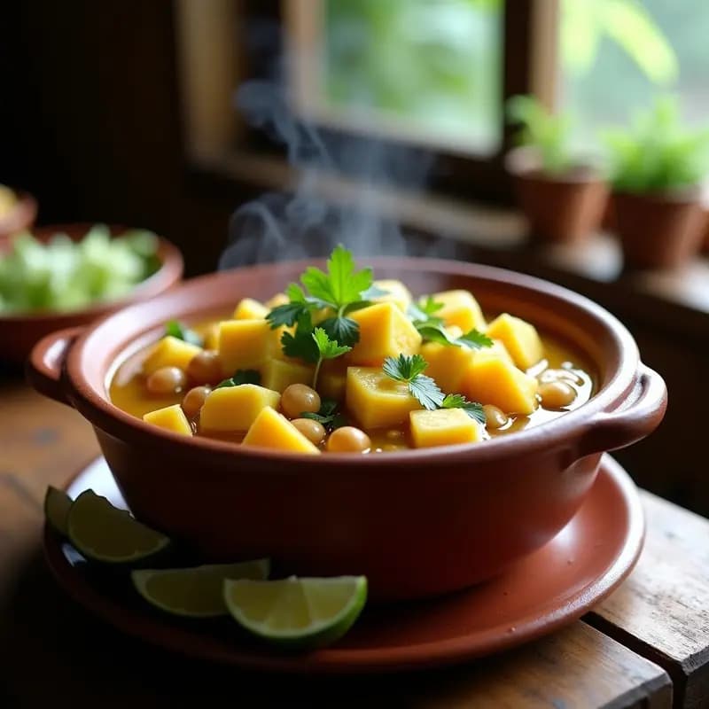 Olla de barro humeante con sancocho colombiano vegano, lleno de trozos de yuca dorada, rodajas de plátano verde, garbanzos y espinacas, decorado con cilantro fresco y rodajas de limón. Plato tradicional sin gluten y alto en fibra.