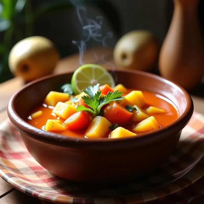 Sancocho colombiano vegano en olla rápida con yuca, zanahoria, mazorca y plátano verde, bañado en un caldo dorado de achiote y decorado con cilantro fresco.