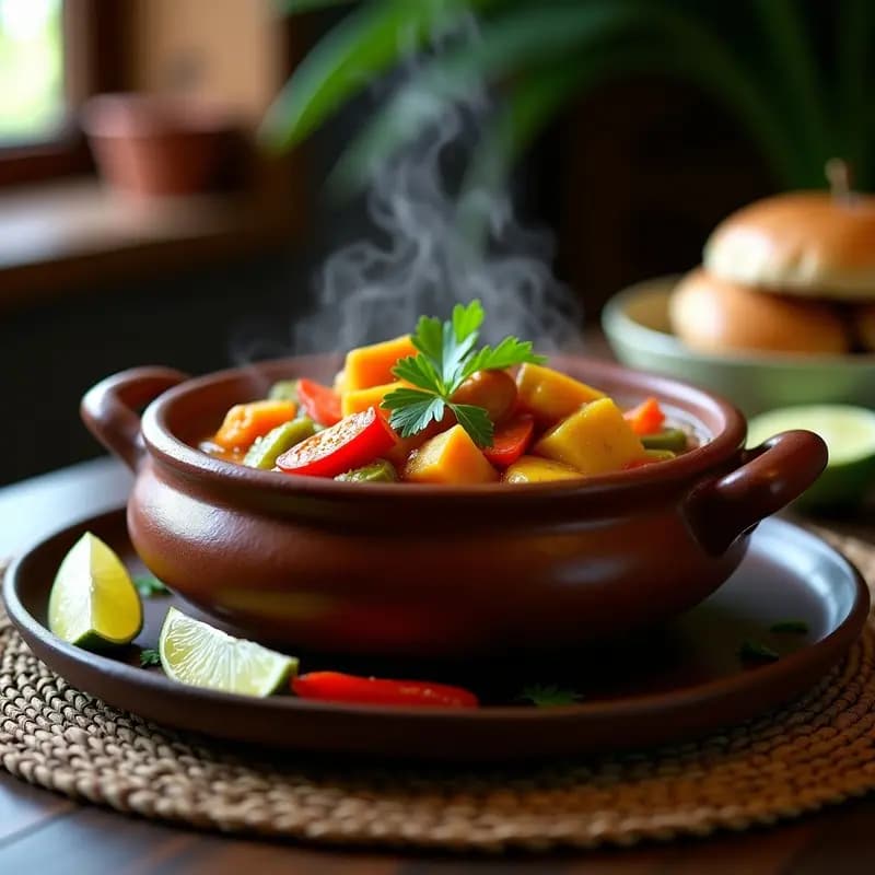 Olla rústica de barro con sancocho dominicano vegano, lleno de trozos de yuca, plátano verde, batata y verduras, rodeado de cilantro fresco y rodajas de limón sobre una mesa de madera.