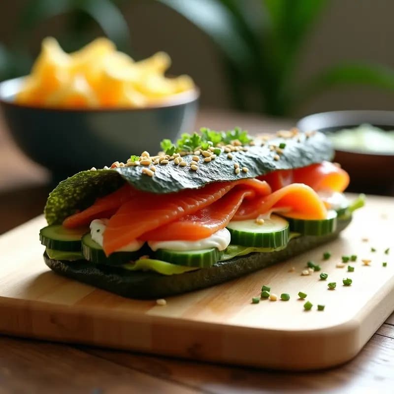 Sándwich abierto de alga nori relleno de salmón ahumado en láminas, crema de wasabi y queso, decorado con pimiento rojo, pepino y semillas de sésamo. Receta japonesa sin gluten sobre fondo de madera clara.