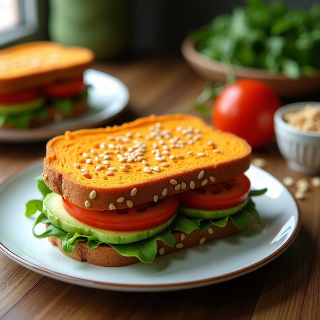 Sándwich abierto de pan de batata dorado con semillas de girasol, relleno de crema de aguacate verde, rúcula fresca, rodajas de tomate rojo y semillas de sésamo tostadas. Presentado en un tupper transparente sobre fondo de madera clara, receta sin gluten para llevar.