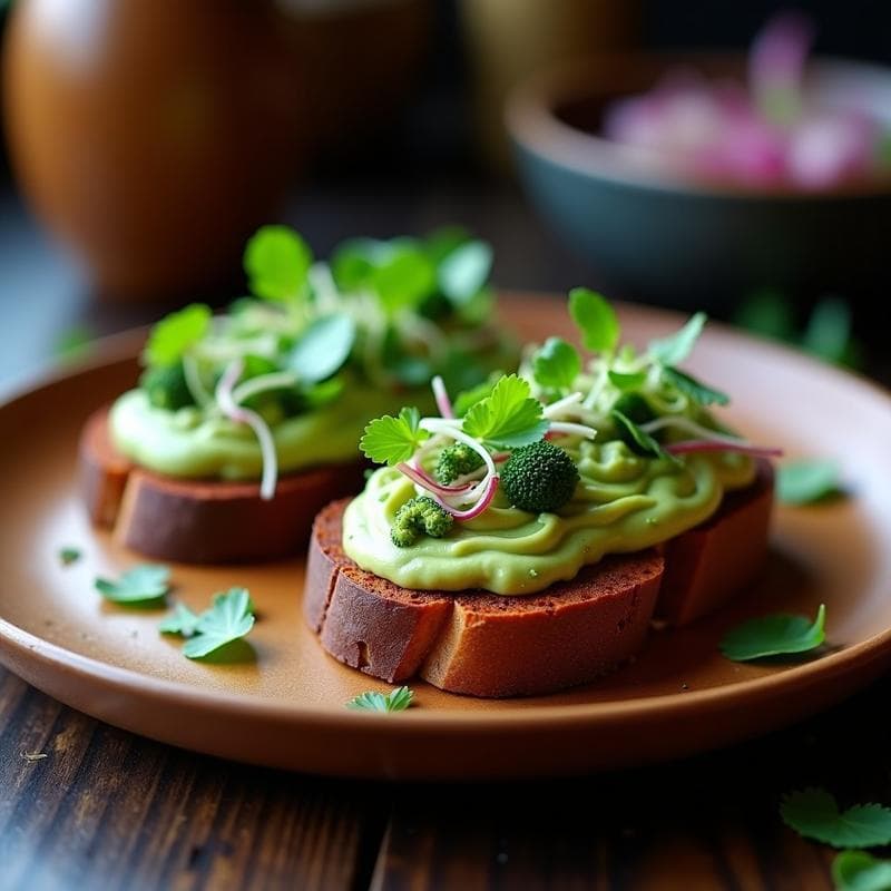Sándwich vegano de pan de batata morada abierto, mostrando capas de crema de aguacate verde, rodajas de tomate rojo y microvegetales frescos sobre fondo rústico de madera. Receta peruana saludable y sin gluten.