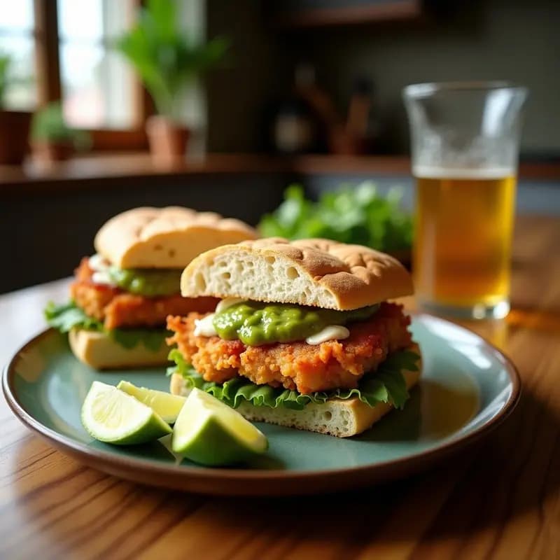 Sándwich de chicharrón dorado y crujiente con salsa verde, aguacate en trozos y queso fresco desmenuzado, servido en pan de brioche tostado. Receta colombiana de bocado adictivo.