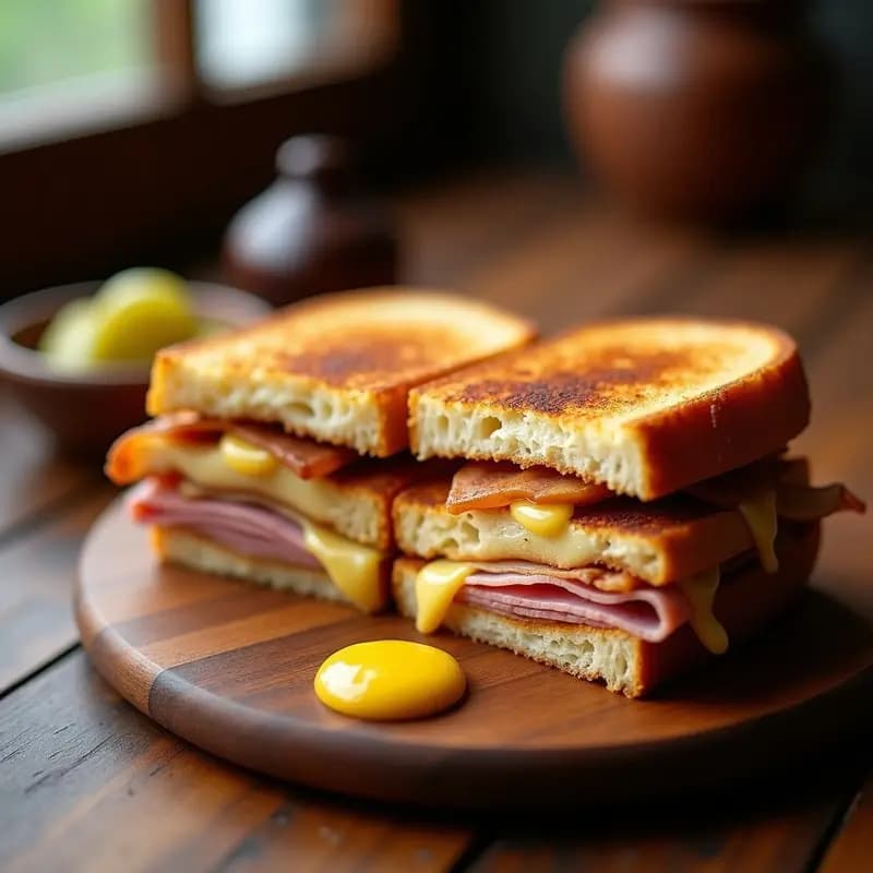 Sándwich cubano con pan de brioche dorado, relleno de tres carnes (pollo, cerdo y jamón), queso emmental fundido y pepinillos, corto por la mitad para mostrar su interior jugoso y capas bien definidas.