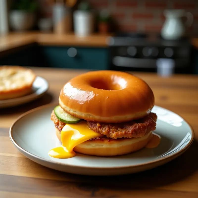 Sándwich abocanado con donut glaseado dorado, panceta crujiente ahumada, huevo frito con yema líquida y queso cheddar derretido, servido en plato blanco con sirope de arce goteando.