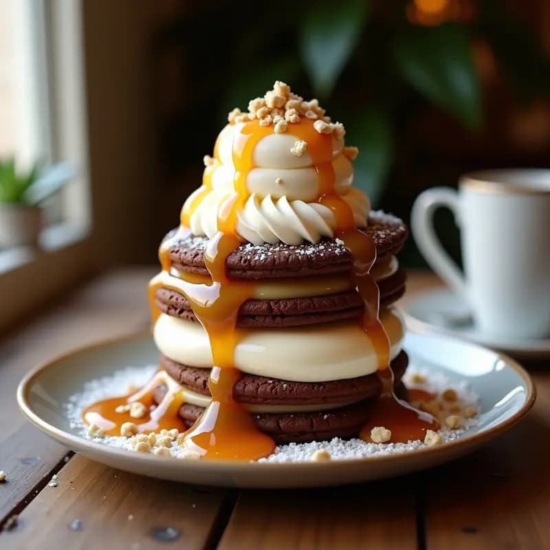 Sándwich de Helado de 3 Pisos con Galletas Marias Brownie y Sirope de Caramelo: El Postre Más Instagrameable