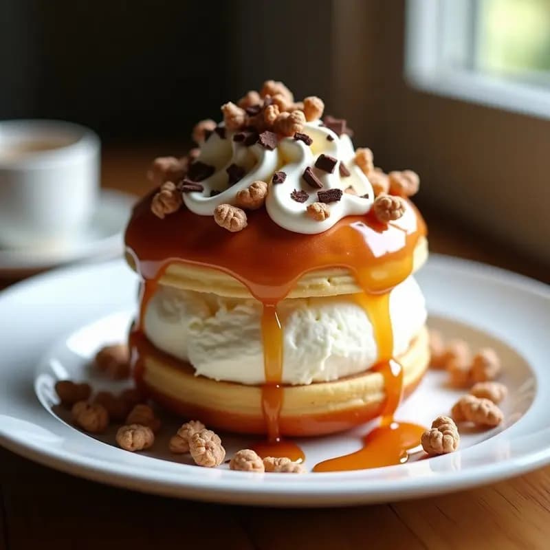 Sándwich de helado de donut glaseado relleno de helado de vainilla, coronado con nata montada, cereales de chocolate y sirope de caramelo, servido en un plato blanco con fondo borroso.