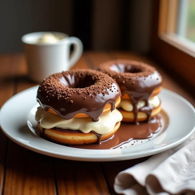 Sándwich de helado de vainilla blanco entre dos donuts de chocolate negros rellenos de Nutella, bañados en chocolate fundido y espolvoreados con azúcar glas, sobre un plato negro con fondo borroso.