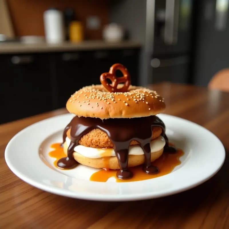 Sándwich de helado de vainilla entre dos galletas de chocolate rellenas de trozos de pretzel, bañado en salsa de caramelo espesa y decorado con pretzels salados en palito. Postre frío, cremoso y crujiente, listo para servir en un plato blanco con fondo borroso.