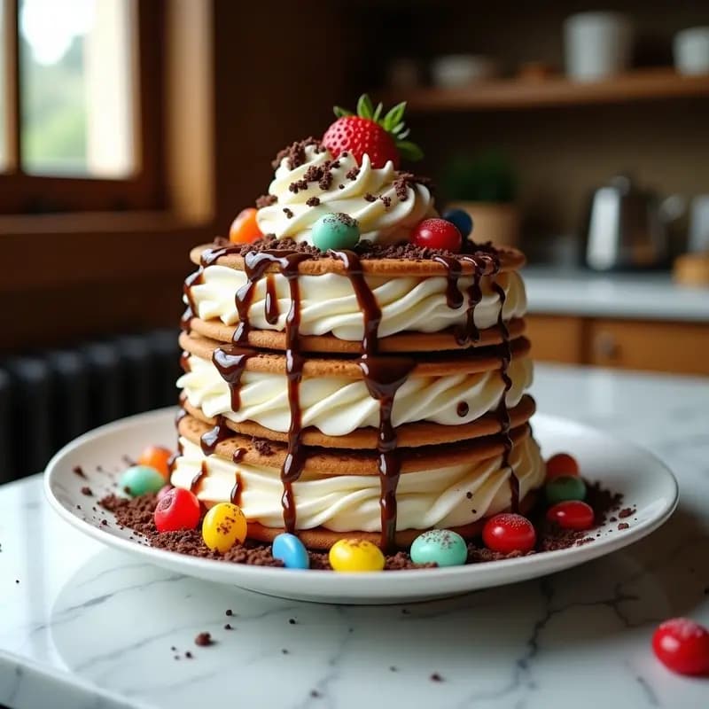 Sándwich de helado gigante con capas de galletas Maria, helado de vainilla y chocolate, nata montada, salsa de chocolate, caramelo líquido, virutas de chocolate, gominolas y trozos de galletas Oreo, servido en una bandeja con fondo desordenado de toppings.